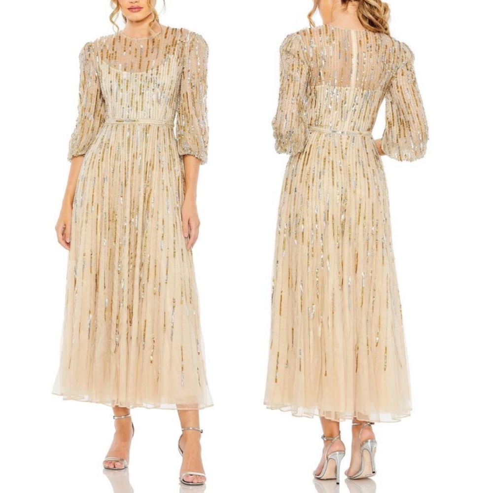 Mac Duggal Taupe (beige) Beaded Sequin High Neck Midi Cocktail Dress - Reemoly